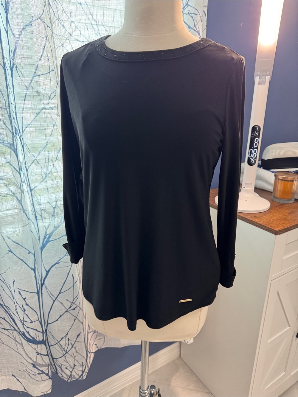 Anne Klein- Black Long-Sleeve Women's Top with Studded Neckline